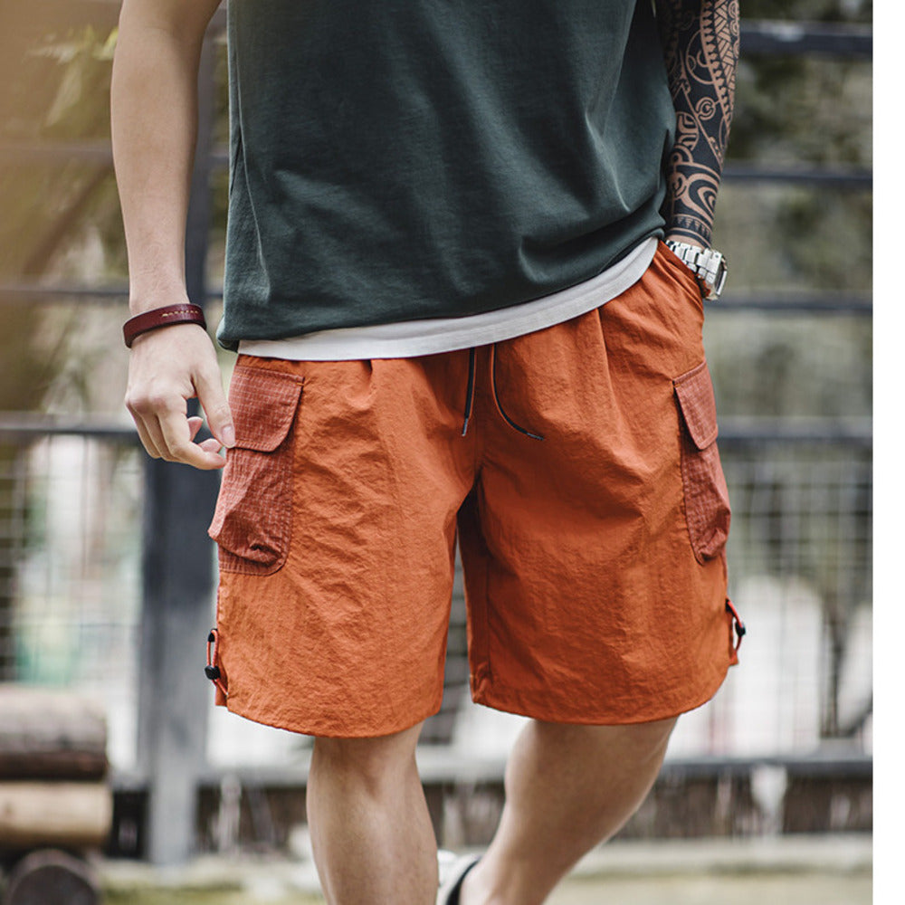 美式復古落日橘直筒短褲多巴胺寬松尼龍五分沙灘褲男夏薄