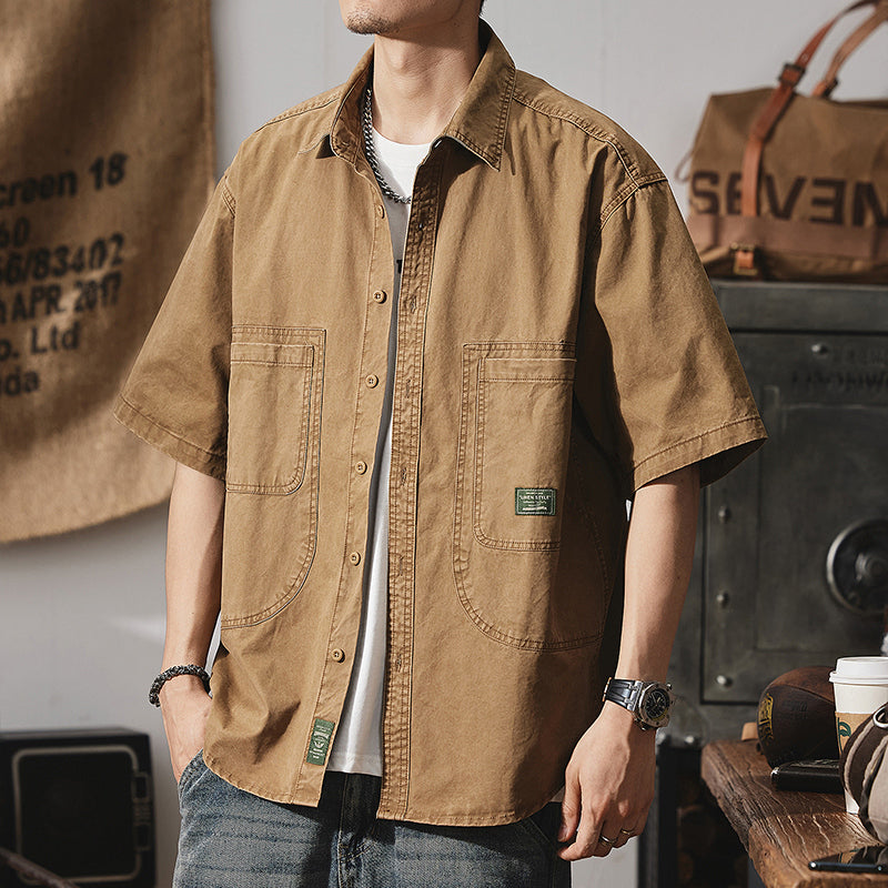 夏季美式硬漢工裝上衣純棉貼標大碼半袖襯衣
