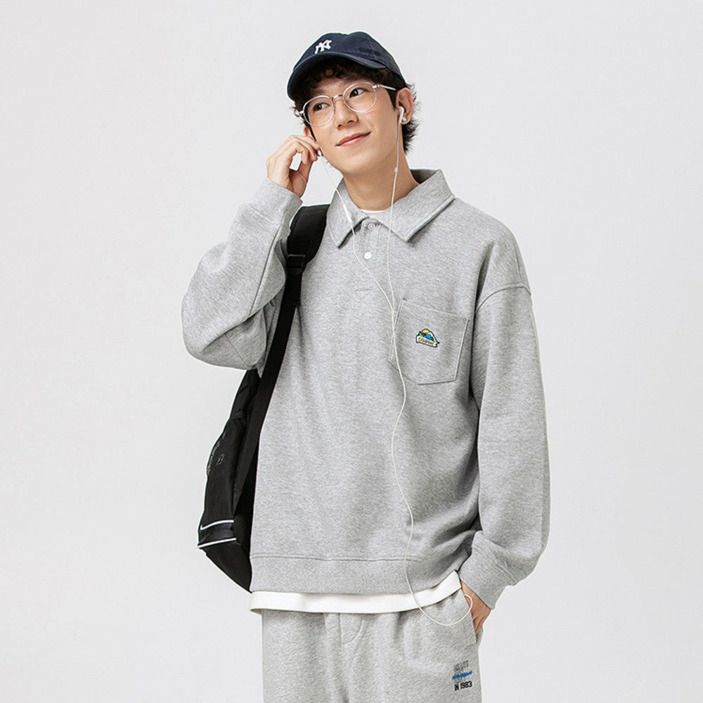 春秋季簡約袖標POLO衫男潮牌ins寬松上衣新款翻領衛衣