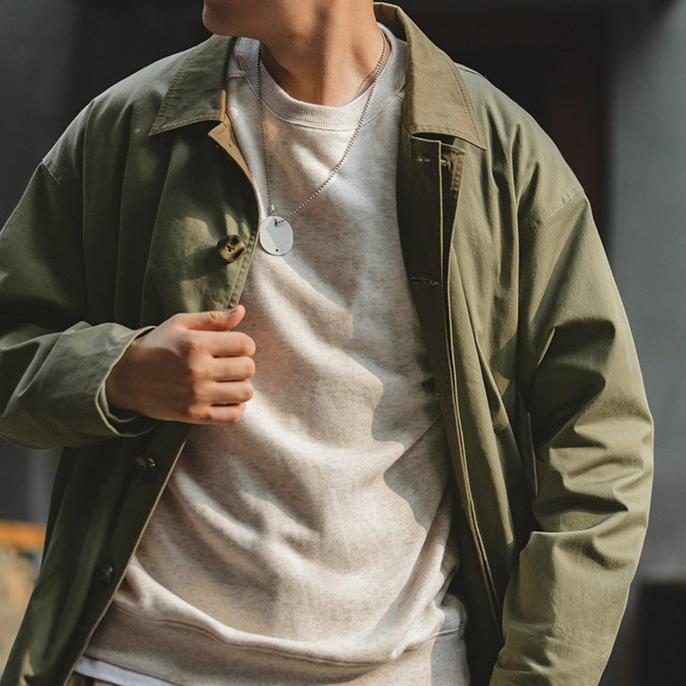 美式休閑撞色巴爾瑪肯風衣寬松中長款薄大衣外套