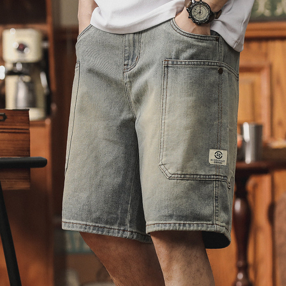五分褲男夏季多兜工裝牛仔短褲寬松直筒美式復古休閑2024新款中褲