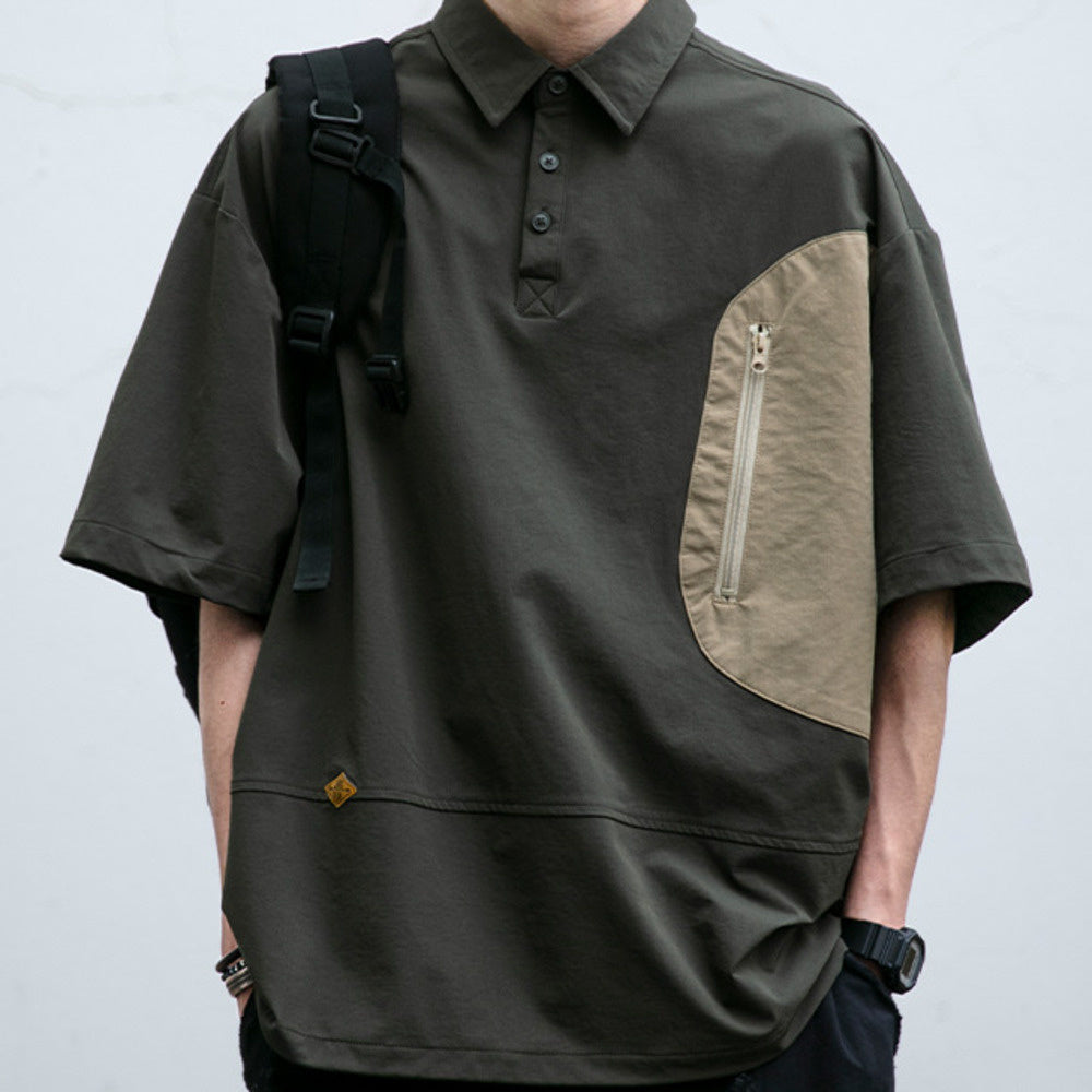 復合拼色短袖襯衫男夏季新款口袋拉鏈寬松套頭襯衣體恤