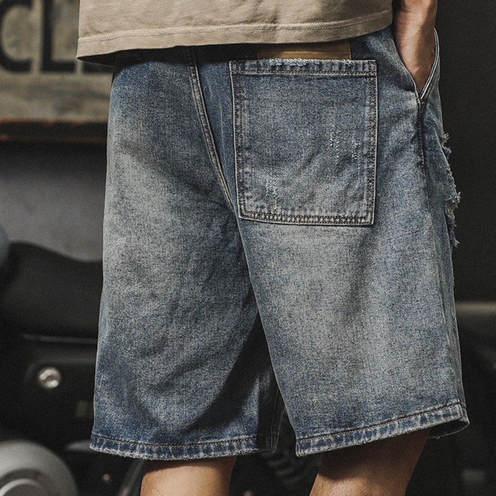 美式復古破洞牛仔短褲男設計感薄款工裝五分褲夏季寬松大碼中褲潮