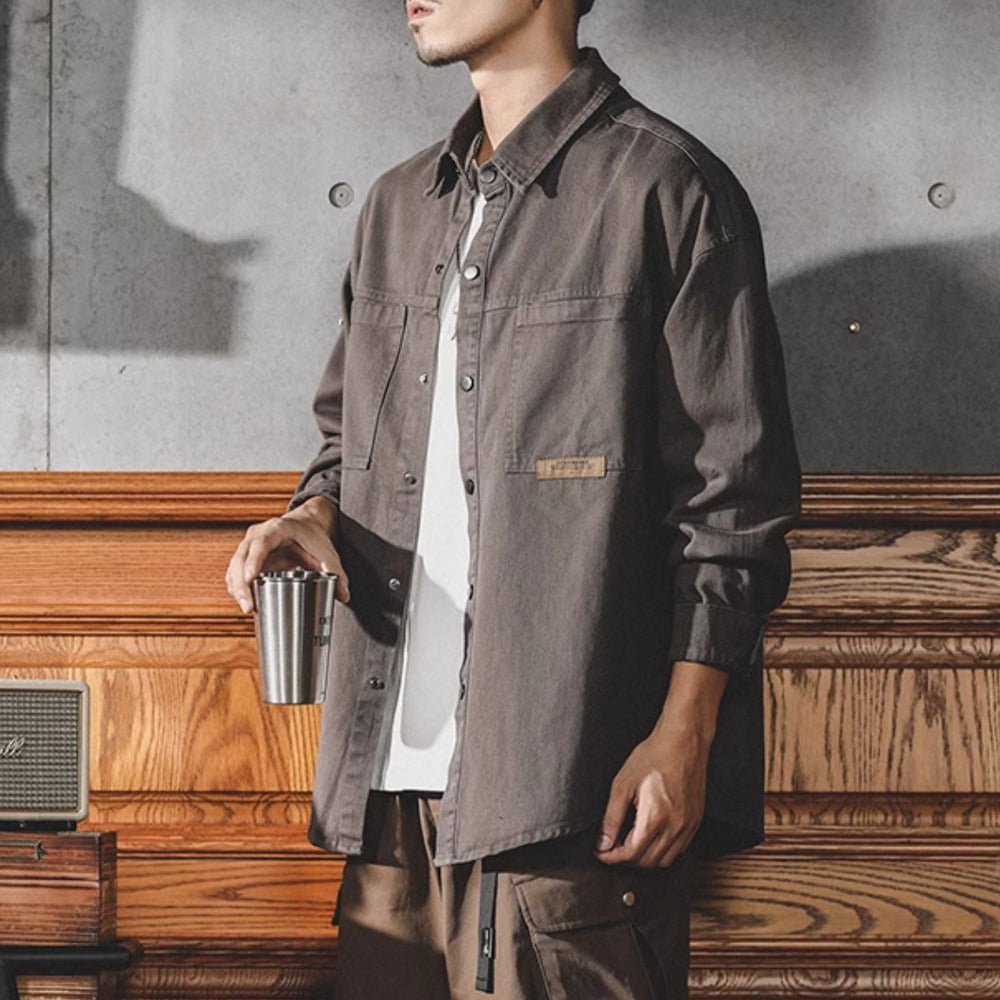 美式工裝襯衫男長袖春秋季潮牌大碼寬松休閑襯衣復古牛仔外套
