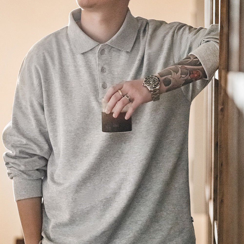 復古基礎款長袖polo衫純色寬鬆百搭打底翻領T恤男秋