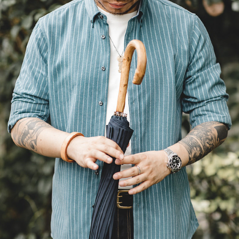 美式復古磨毛藍色豎條紋襯衫商務休閑長袖免燙襯衣