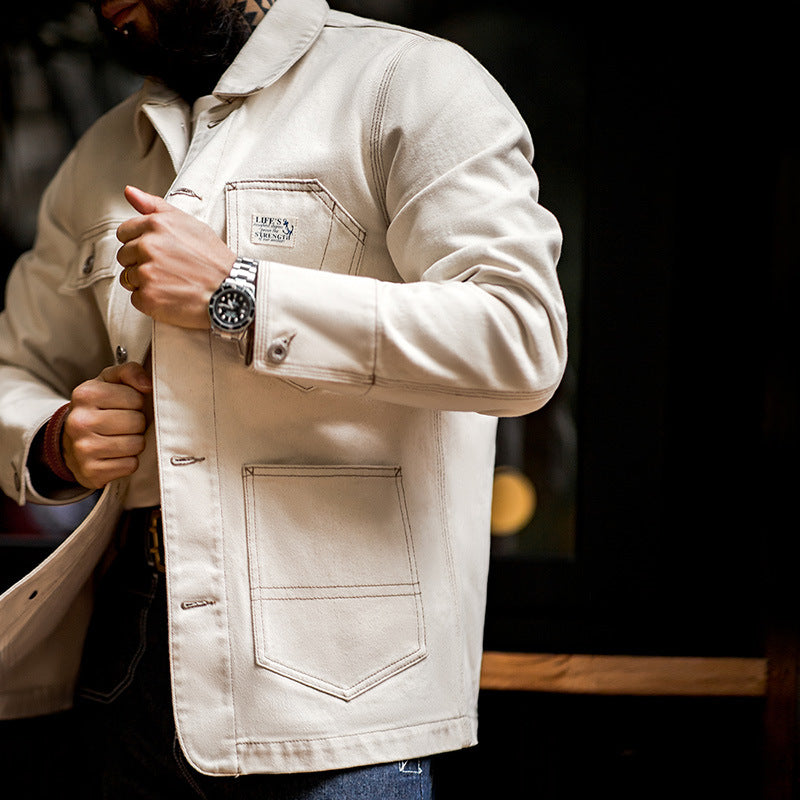 美式復古棉籽殼翻領夾克阿美咔叽多口袋上衣外套男秋