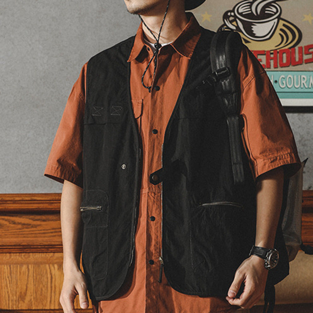 春季山系戶外釣魚無袖夾克外套男潮牌寬松美式工裝馬夾