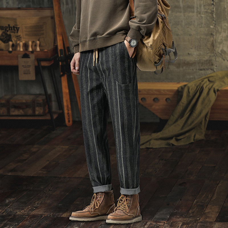 美式復古條紋休閑褲子男秋季英倫雅痞寬松直筒哈倫九分錐形褲