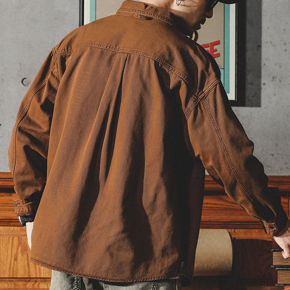 美式復古牛仔襯衫男長袖春季寬松休閑廓形工裝襯衣男寸衫外套
