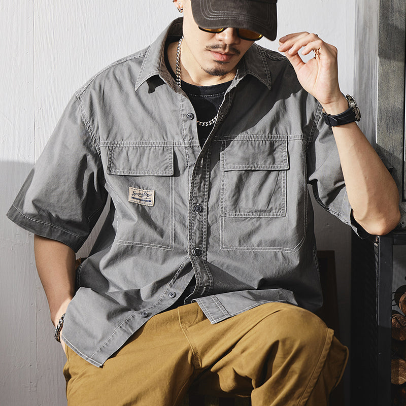 短袖襯衫夏季美式復古明線貼標襯衣潮流純棉大碼工裝外套