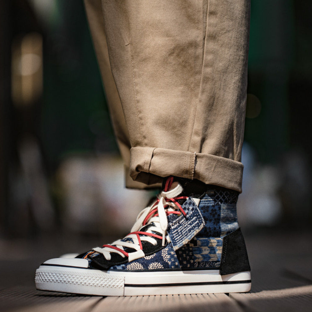 夏季新款男鞋復古高幫帆布鞋潮流印花休閒鞋子腰果花板鞋