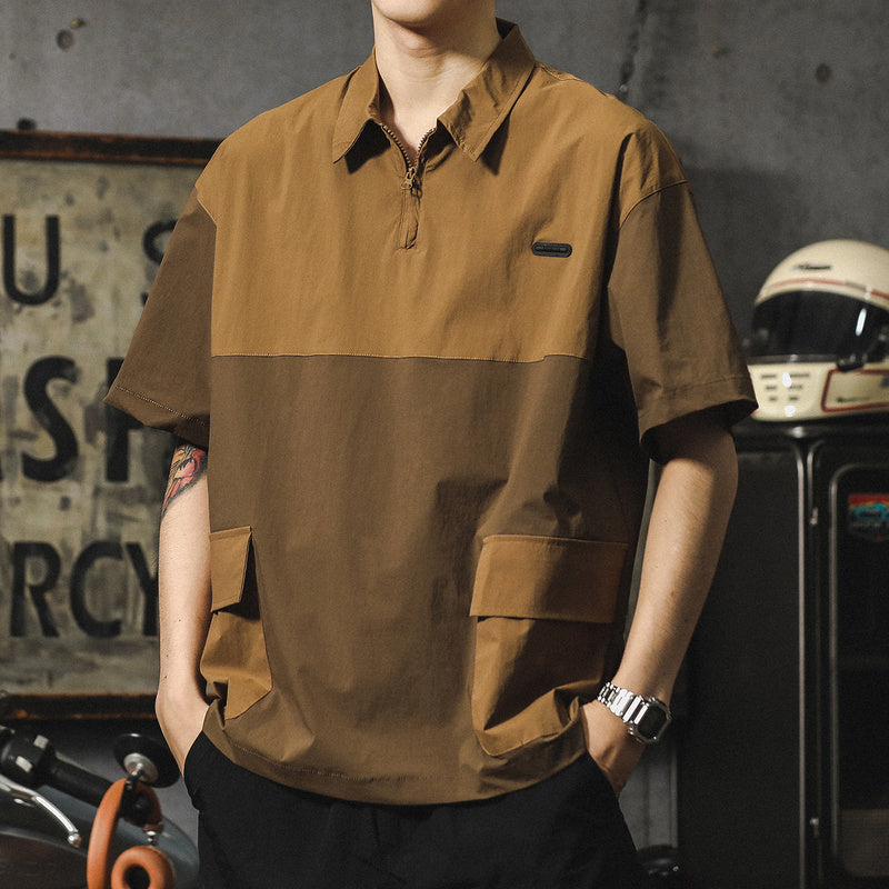 美式休閑速幹男t恤夏天薄款冰絲短袖拼色polo衫潮牌工裝襯衫體恤