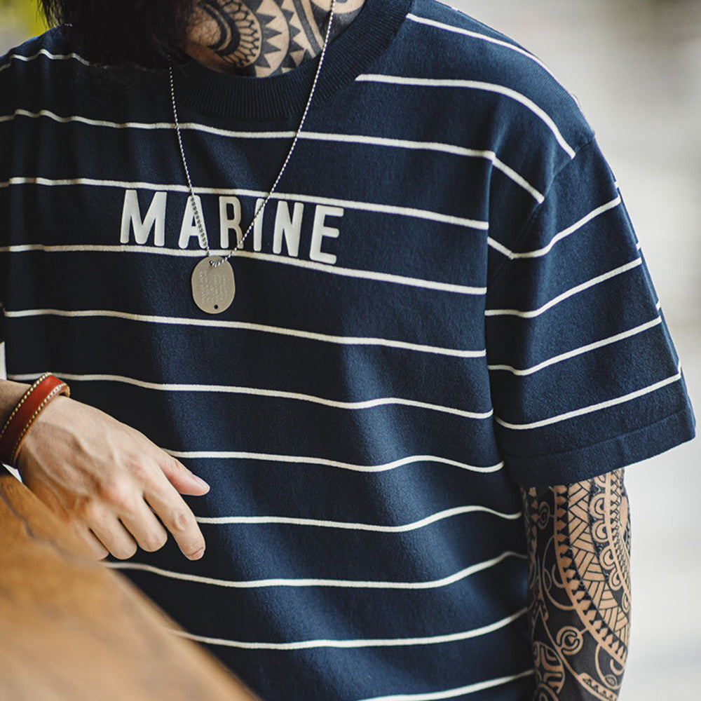 美式復古撞色條紋短袖T恤字母印花半袖海魂衫體恤男夏季