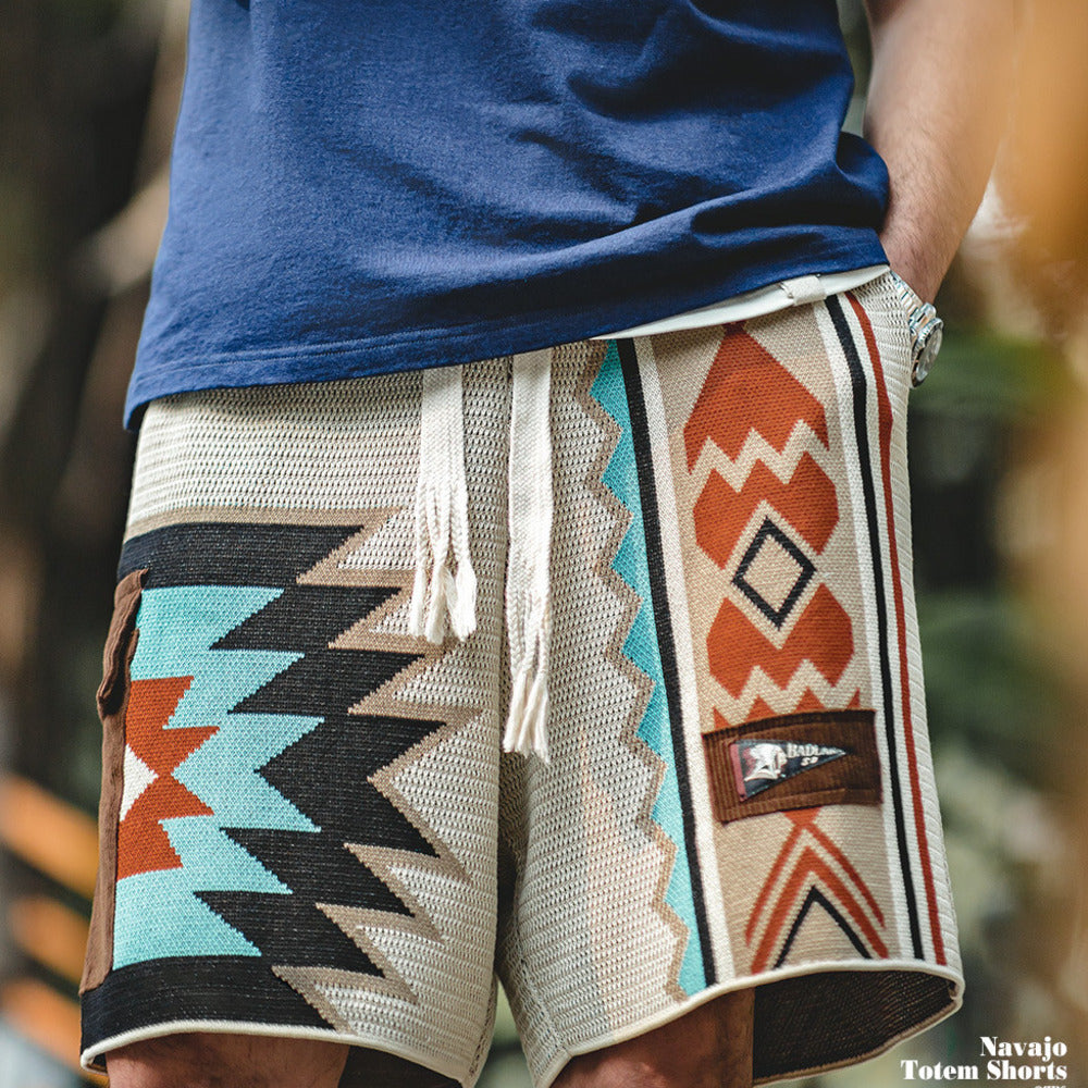 美式復古納瓦霍針織短褲撞色刺繡戶外沙灘五分衛褲