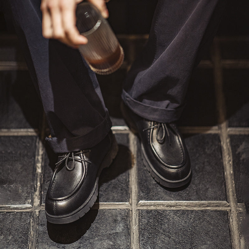 美式復古莫卡辛袋鼠鞋英倫休閑黑色圓頭德比小皮鞋