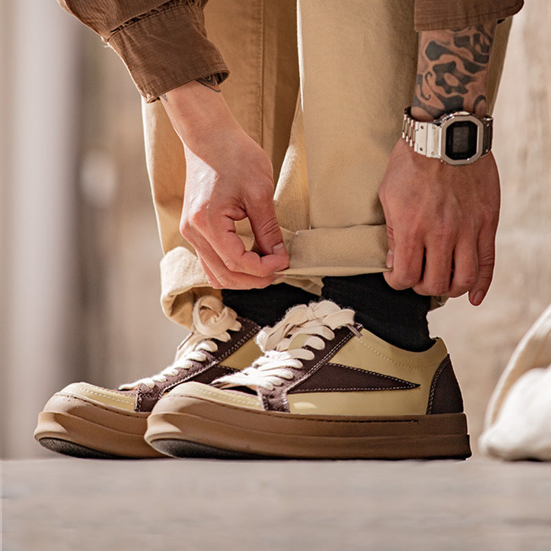 春季VIBE風板鞋小眾設計厚底圓頭皮鞋復古拼接休閑鞋