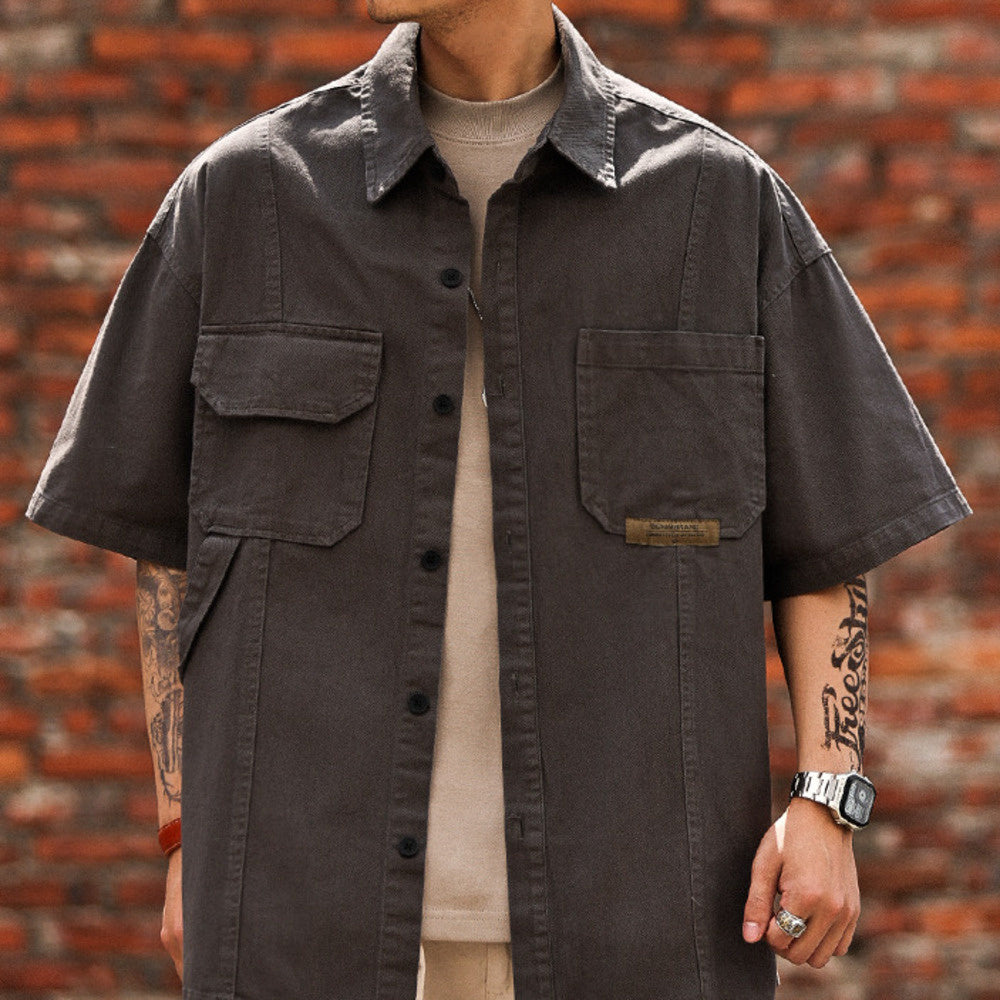 美式復古工裝襯衫男士夏季寬松山系戶外多口袋短袖襯衣外套