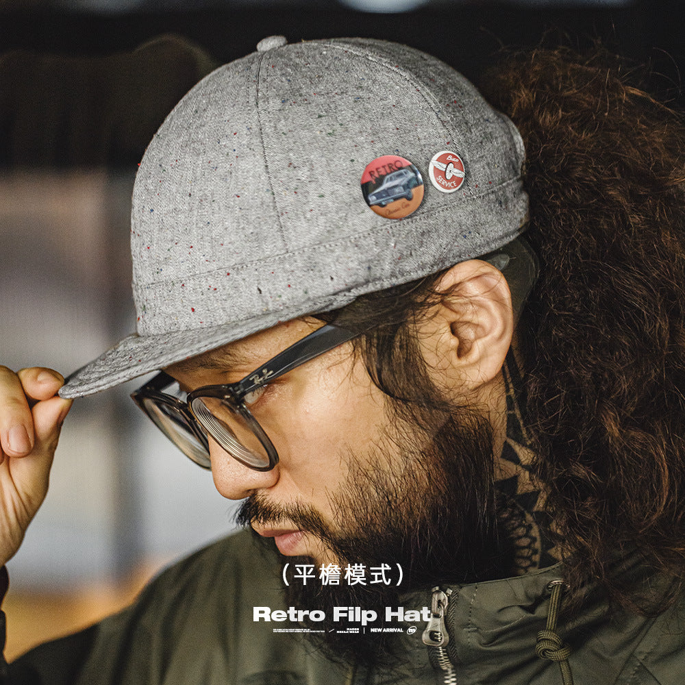 美式復古混紡點紗短簷帽圓頂做舊灰色翻簷平簷鴨舌帽