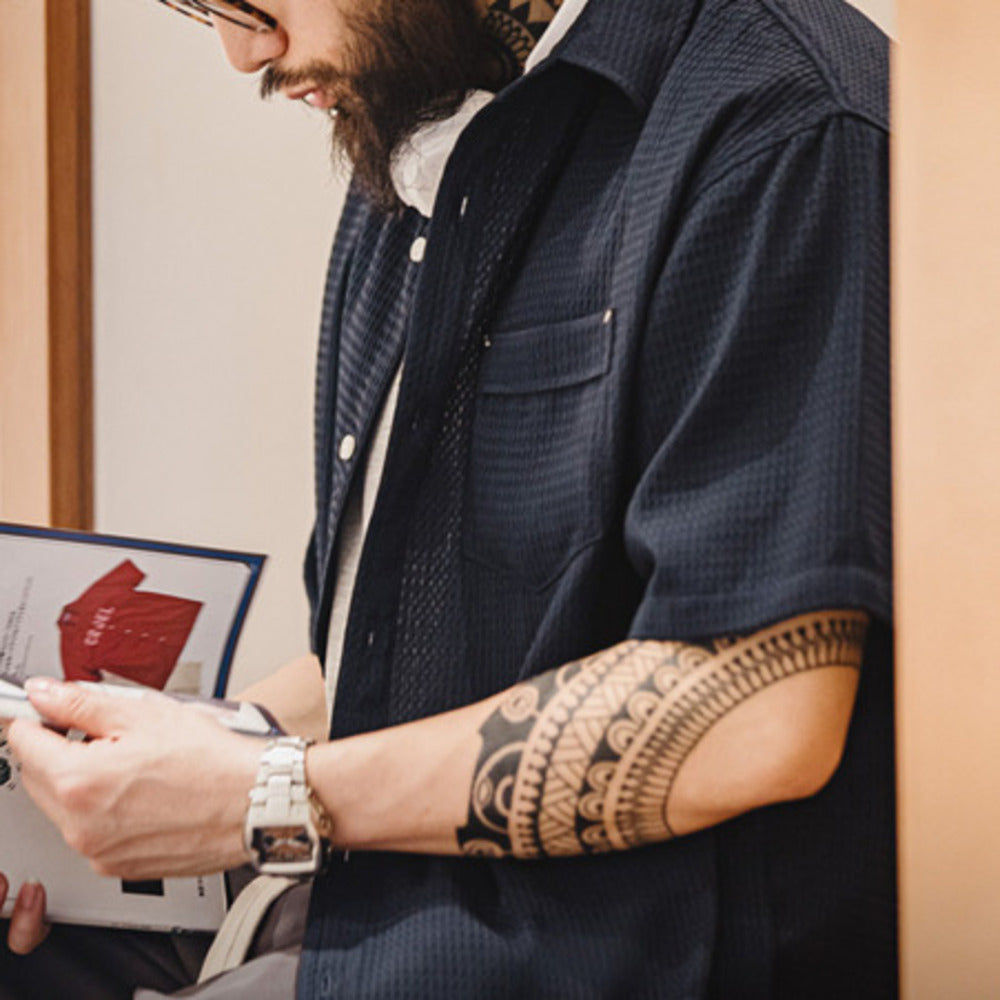 美式休閑華夫格短袖襯衫免燙抗皺肌理感透氣襯衣