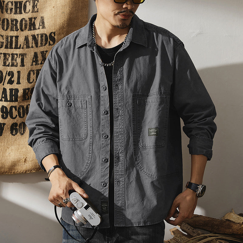 男士長袖春秋季款阿美咔叽美式復古軍綠色外套休閑襯衣