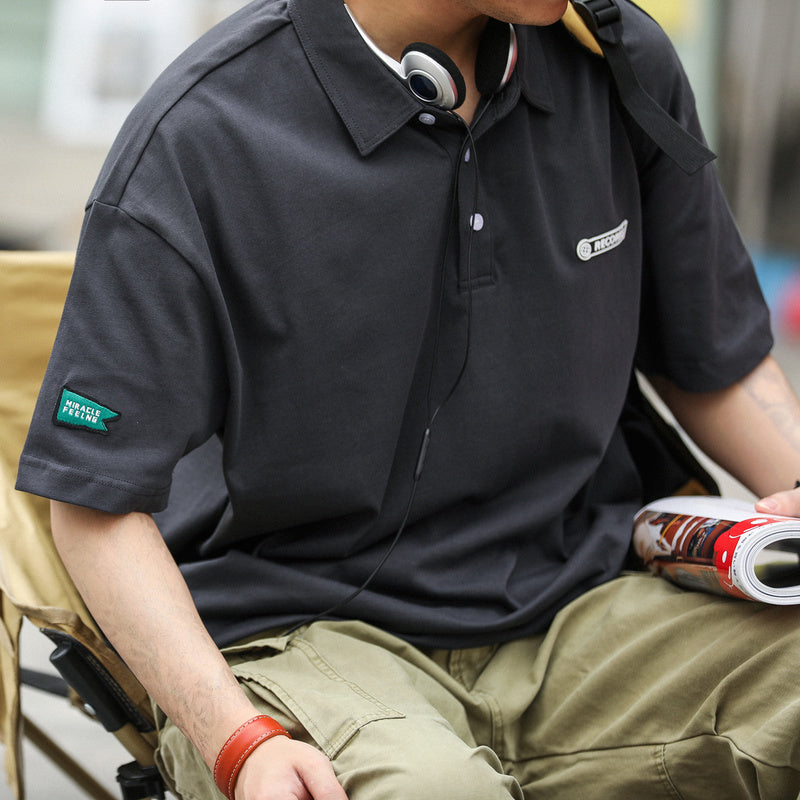 復古POLO領潮牌休閑短袖T恤男寬松設計感純棉半袖打底衫