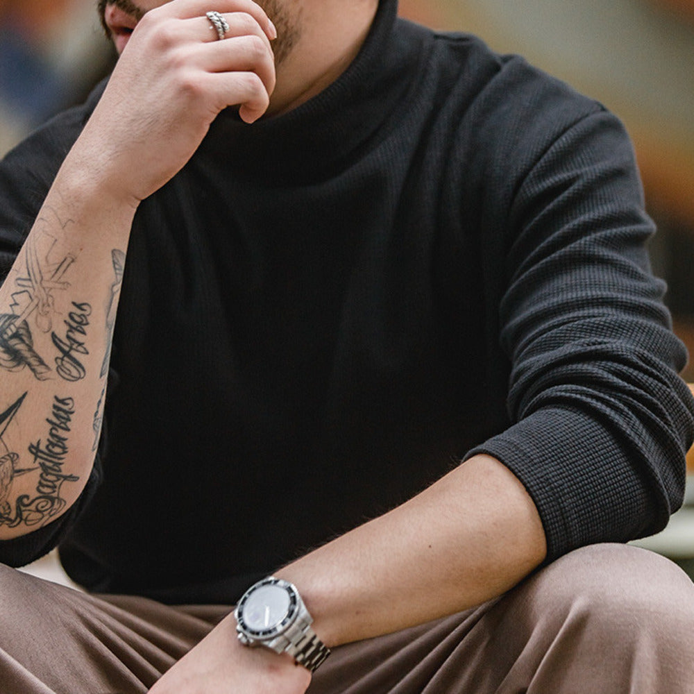 美式休閑灰色高領衛衣純色內搭打底衫長袖T恤