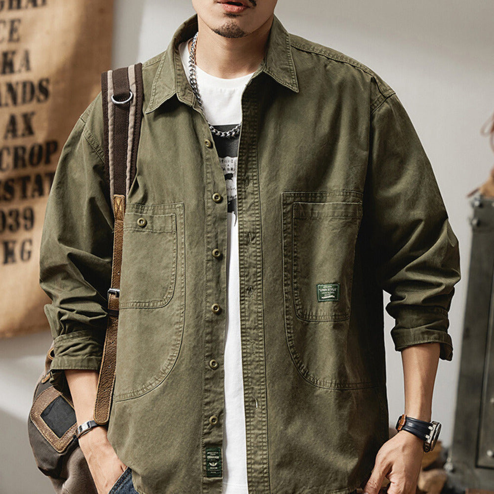 男士長袖春秋季款阿美咔叽美式復古軍綠色外套休閑襯衣