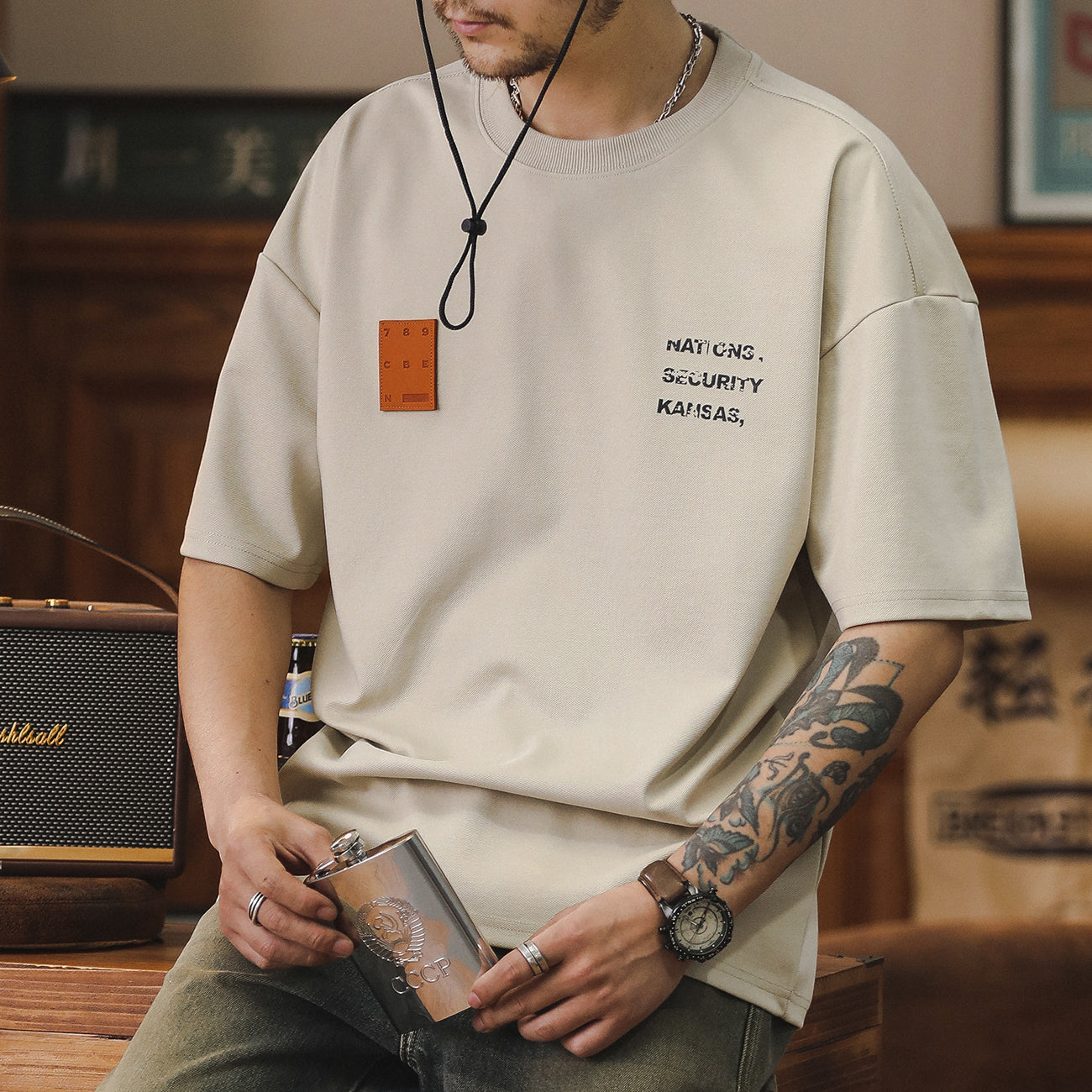 美式280g天絲涼感短袖t恤男皮牌標寬松休閑新款圓領半袖