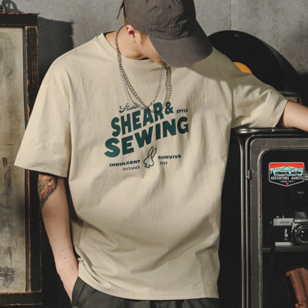 美式短袖T恤男2024夏季潮流百搭休閑五分袖體恤純棉潮牌男裝