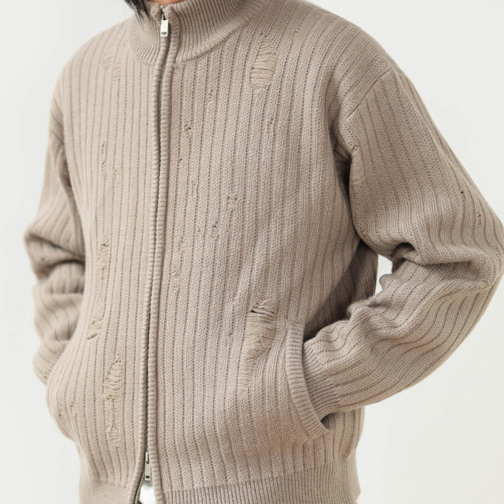 針織開衫破洞提花復古cleanfit休閑毛衣外套