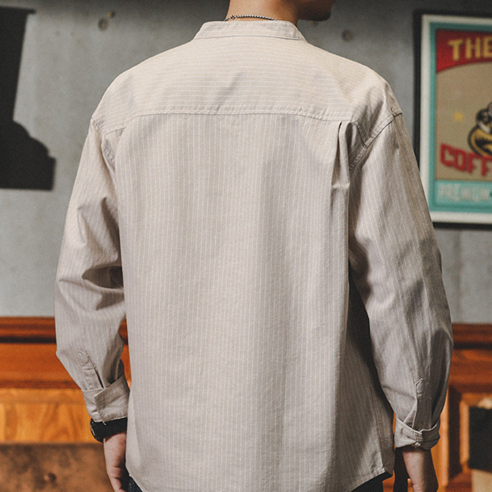 復古條紋襯衫春秋季美式休閑圓領內搭外穿立領襯衣外套