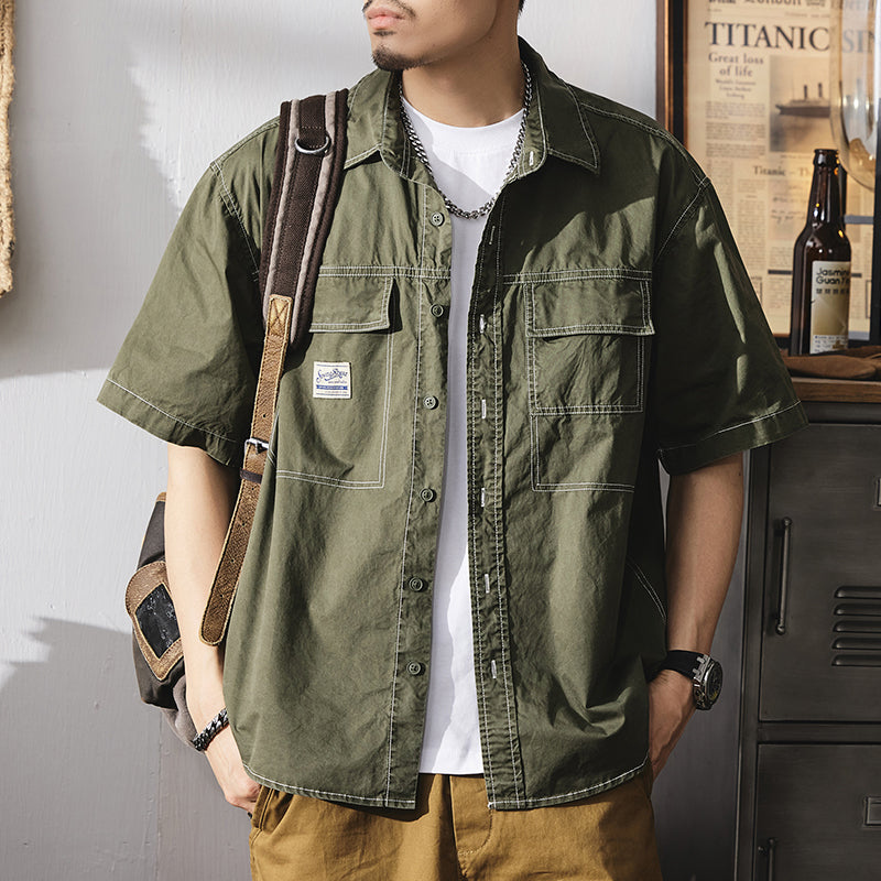 短袖襯衫夏季美式復古明線貼標襯衣潮流純棉大碼工裝外套