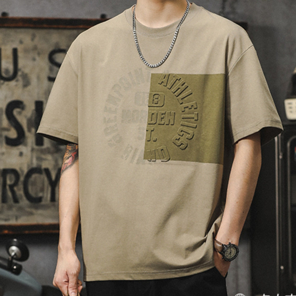 美式高街撞色冰絲速幹短袖男款立體字母印花T恤夏季透氣寬松半袖