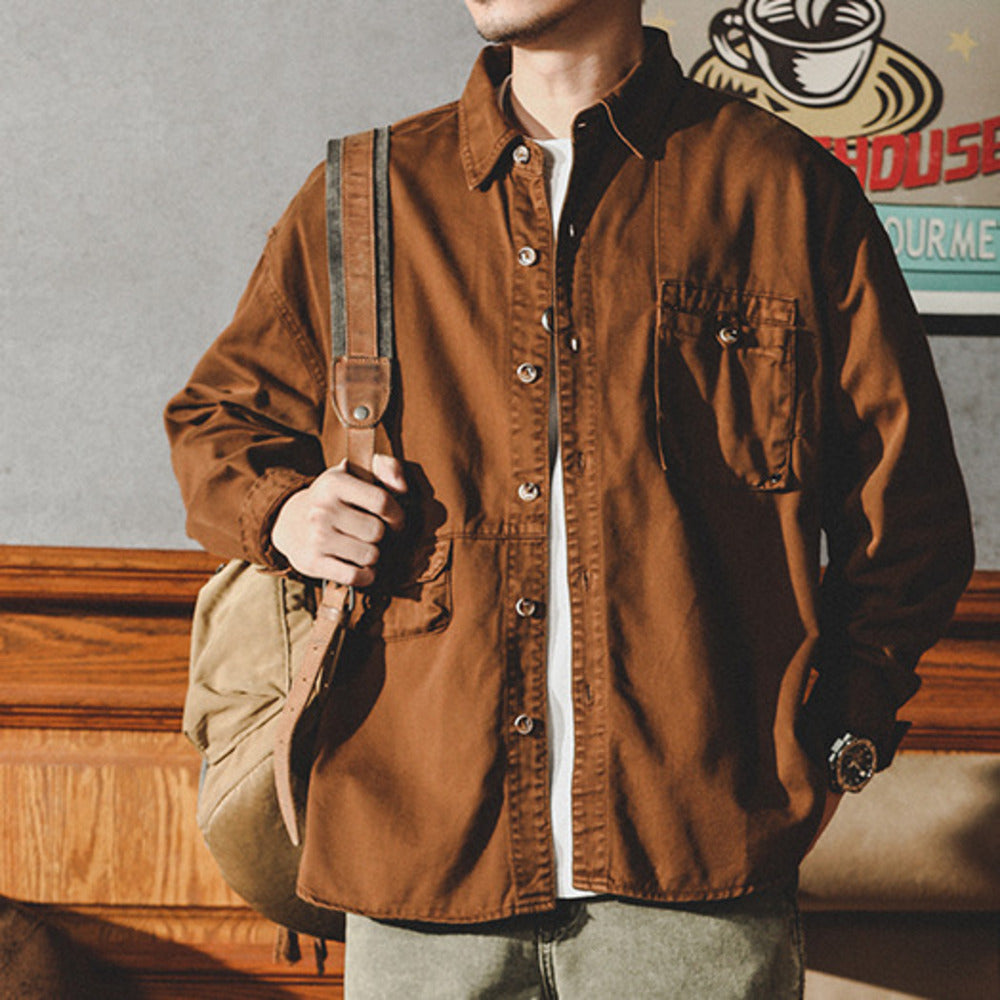 美式復古牛仔襯衫男長袖春季寬松休閑廓形工裝襯衣男寸衫外套