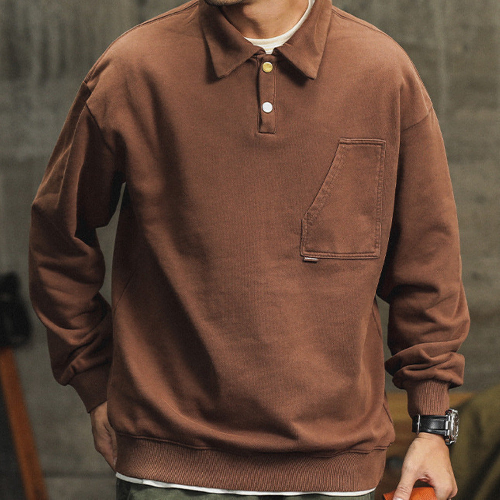 美式Polo衫男長袖新品潮牌寬松休閑復古水洗黑色翻領衛衣