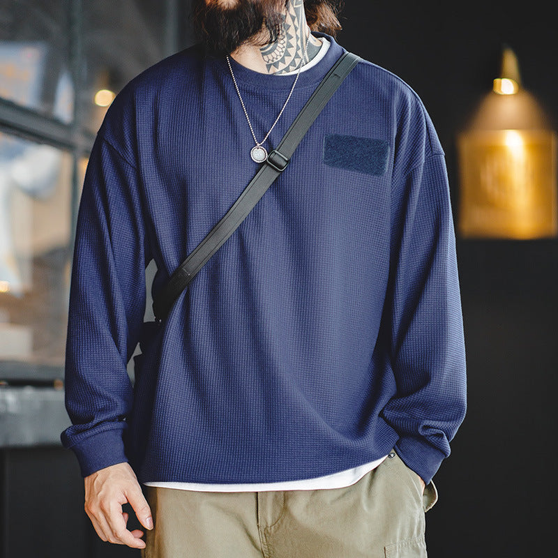 美式休閑華夫格長袖魔術貼疊穿衛衣