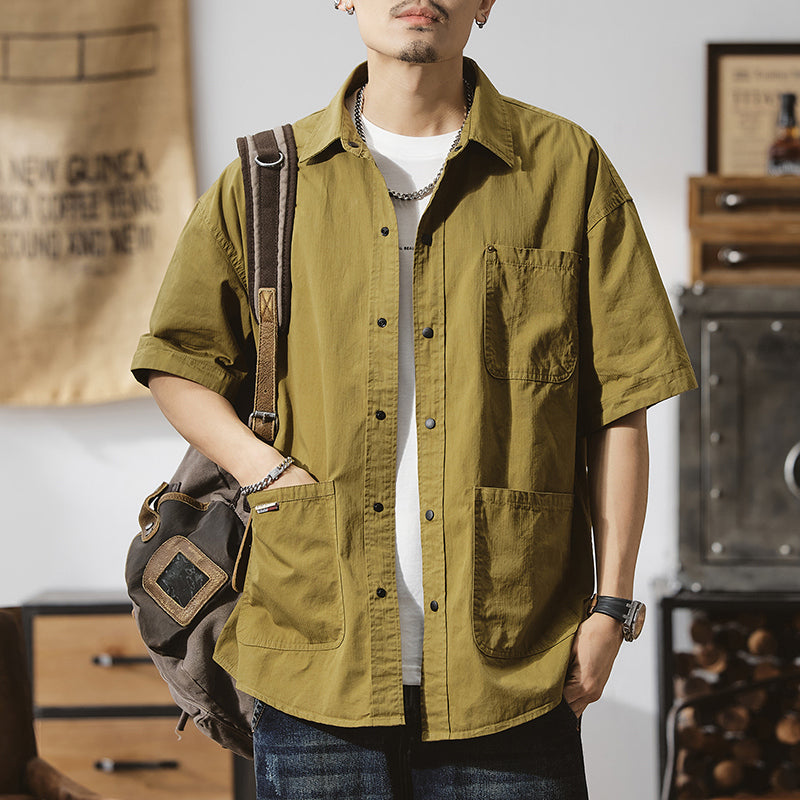 夏季戶外通勤半袖襯衣美式山系休閑大碼工裝上衣