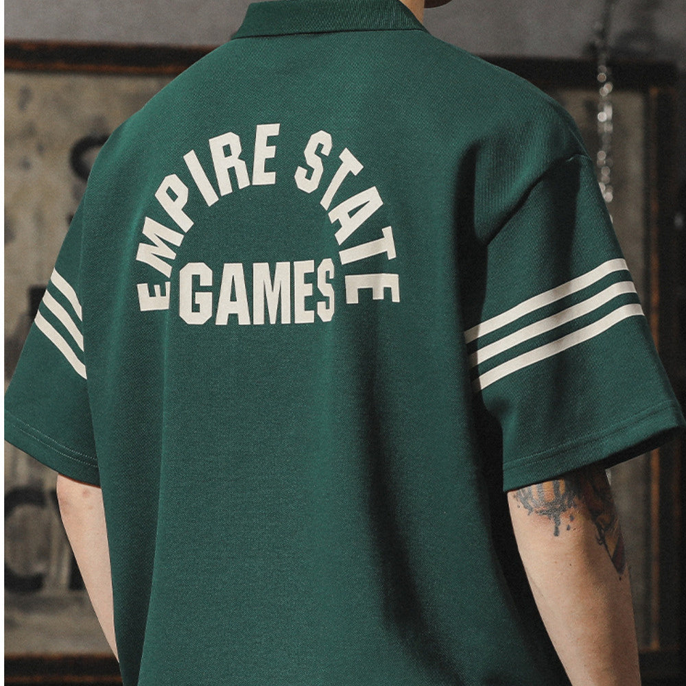 美式復古polo衫男短袖寬松字母印花學院風翻領半袖t恤男夏季新款