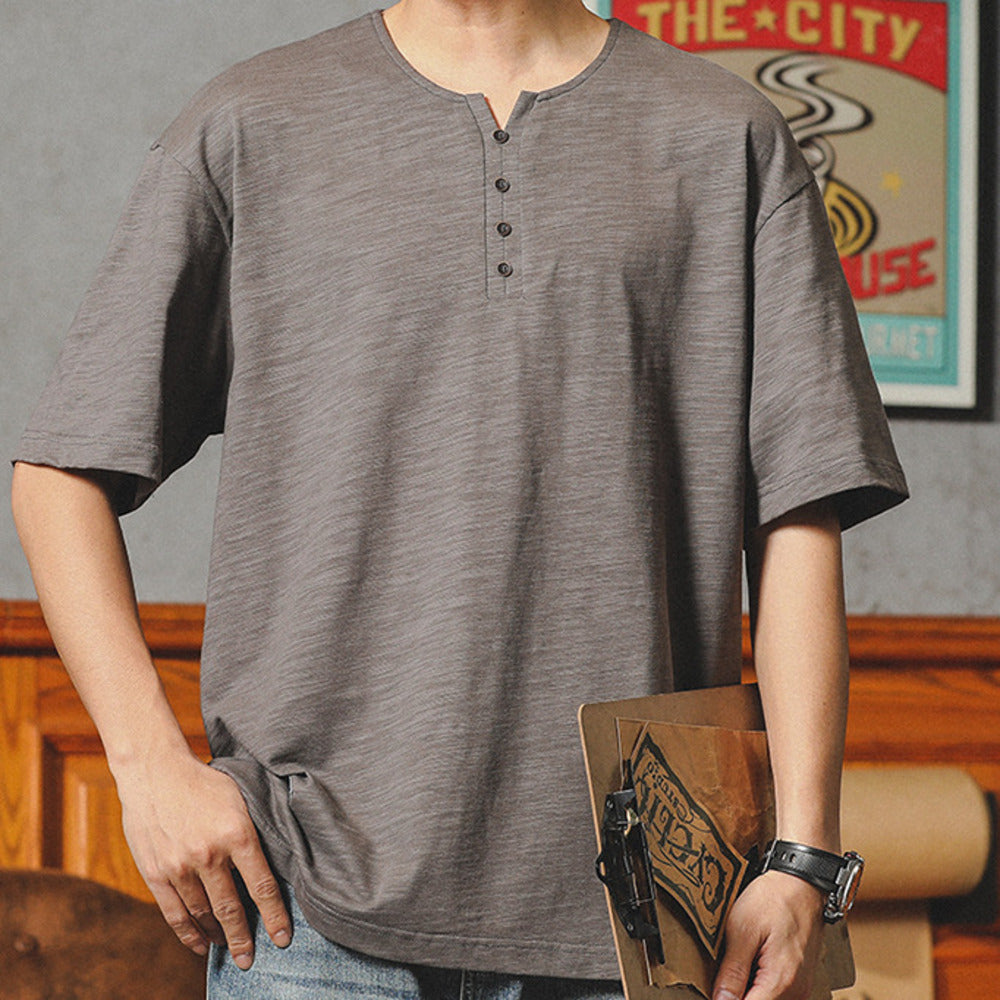 美式亨利領t恤短袖男潮牌潮流寬鬆竹節棉麻體恤衣服男款夏季