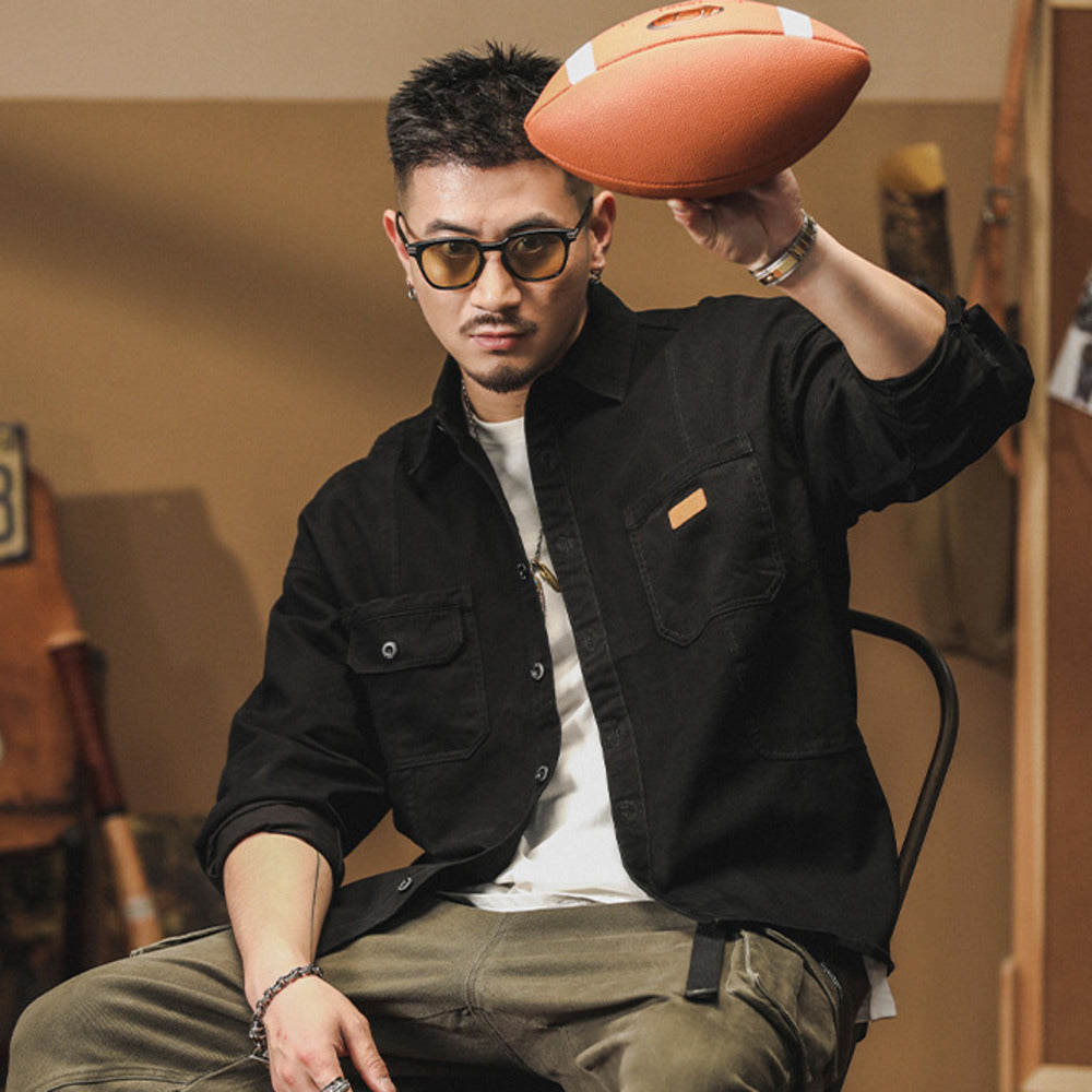 美式復古長袖襯衫春秋季款純棉休閑工裝襯衣外套