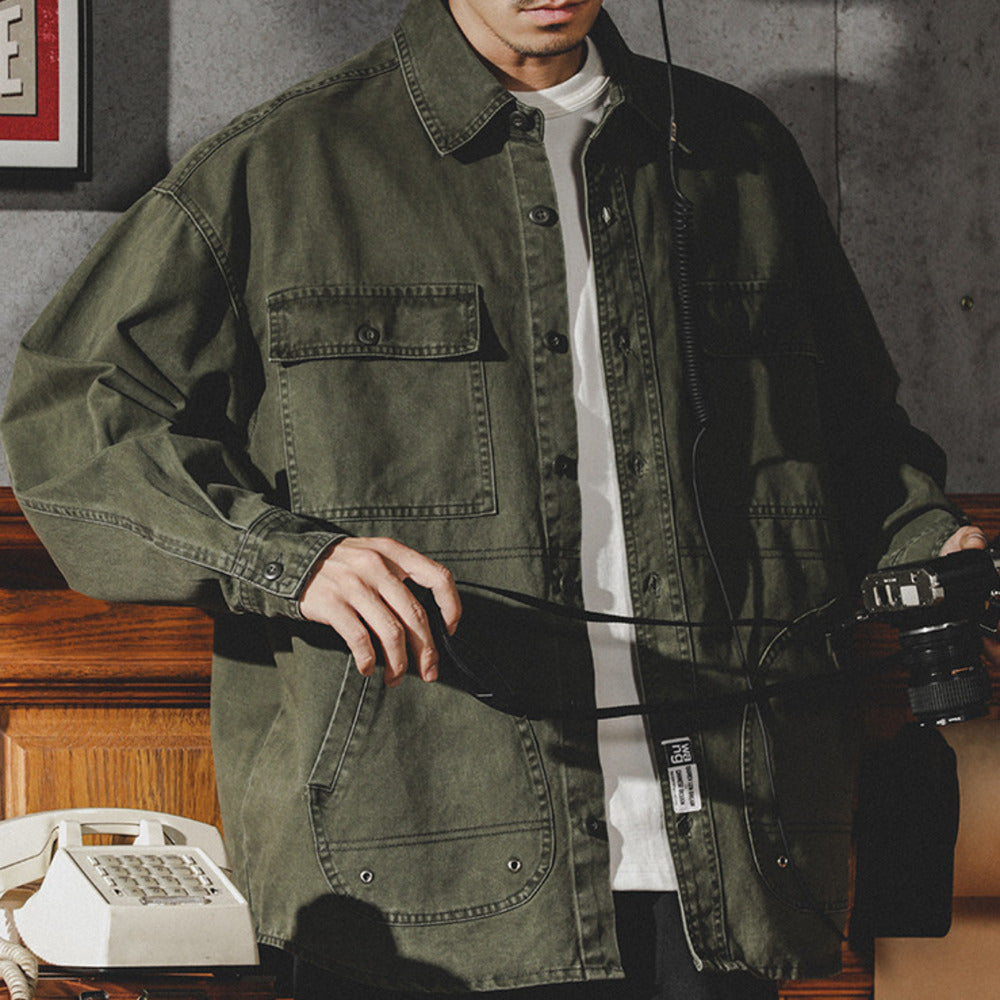 美式工裝襯衫男潮牌復古長袖襯衣男士春秋季寬松休閑上衣外套
