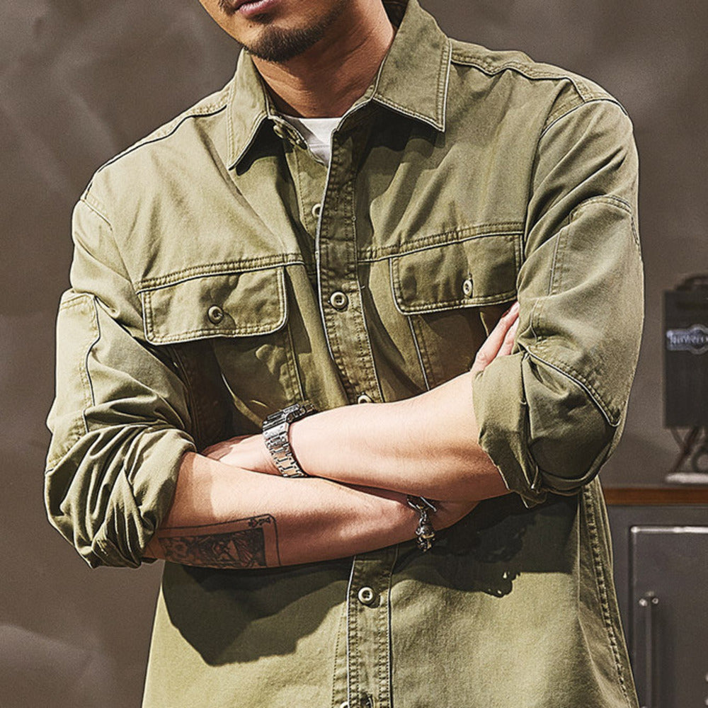 高級感春秋季工裝外套美式復古硬漢襯衣