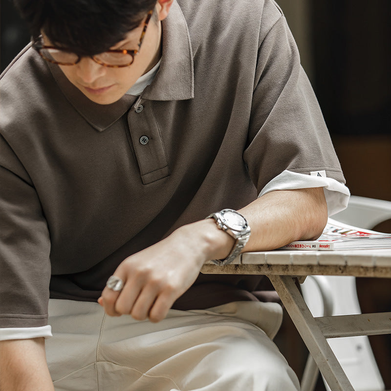 美式復古polo衫珠地棉T恤休閒寬鬆半袖短袖打底衫