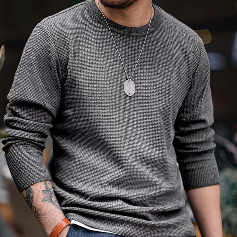 復古300g華夫格圓領T恤衛衣三本針長袖打底衫