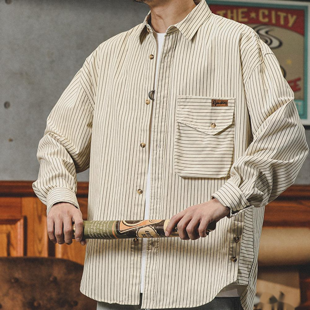 美式條紋襯衫男長袖設計感寬鬆休閒廓形襯衣寸衫外套
