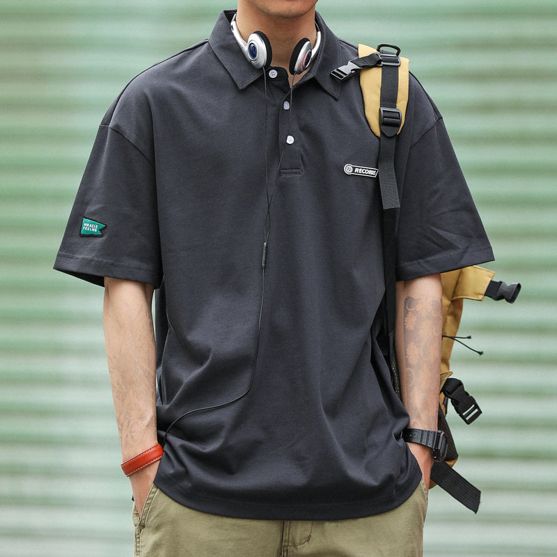 復古POLO領潮牌休閑短袖T恤男寬松設計感純棉半袖打底衫