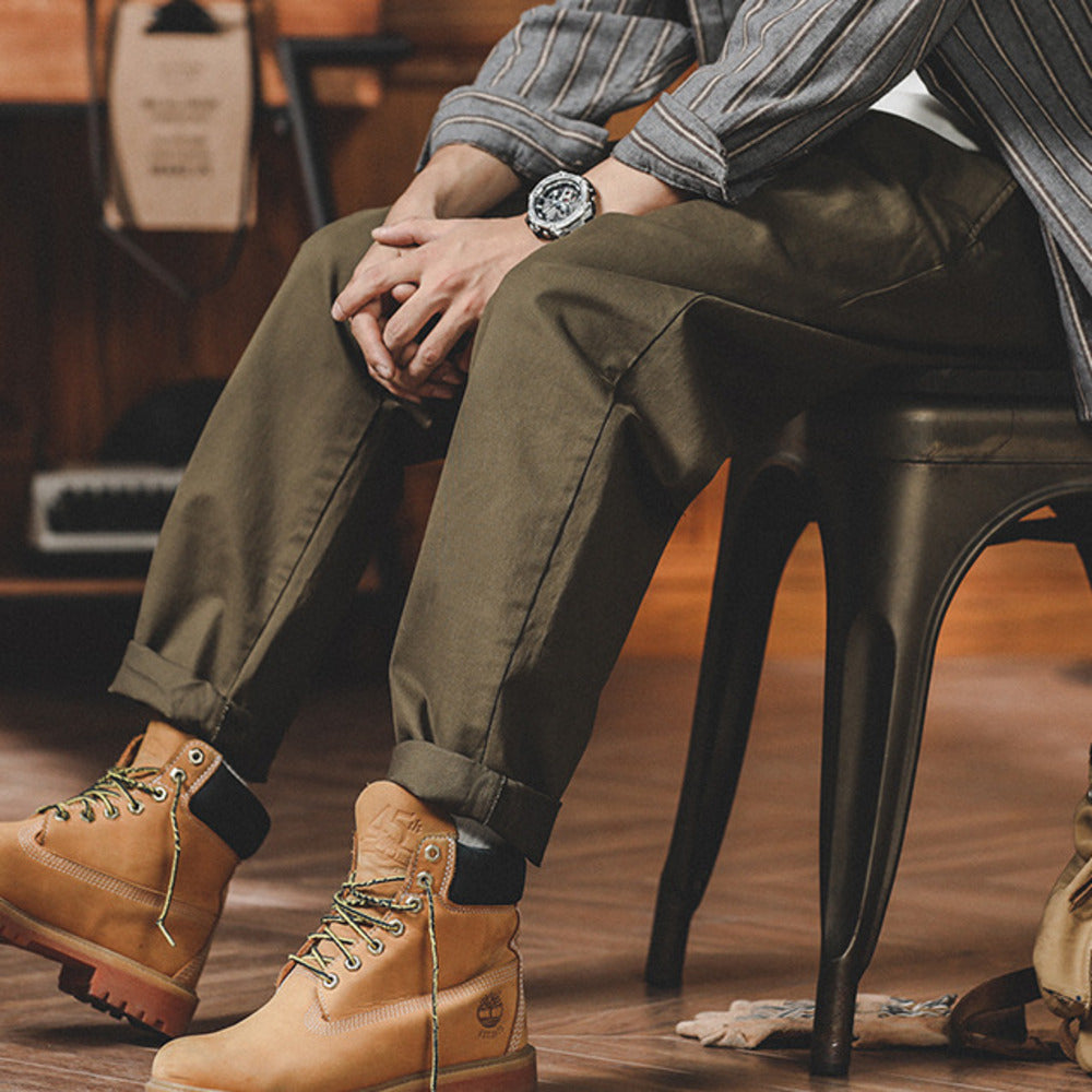 美式復古卡其色工裝褲男春秋款潮牌大碼寬松直筒休閑九分褲子