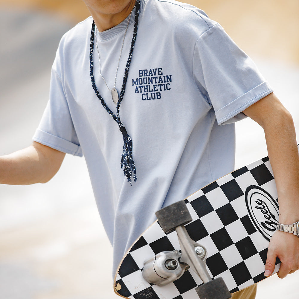 美式馬卡龍色短袖植絨字母印花體恤