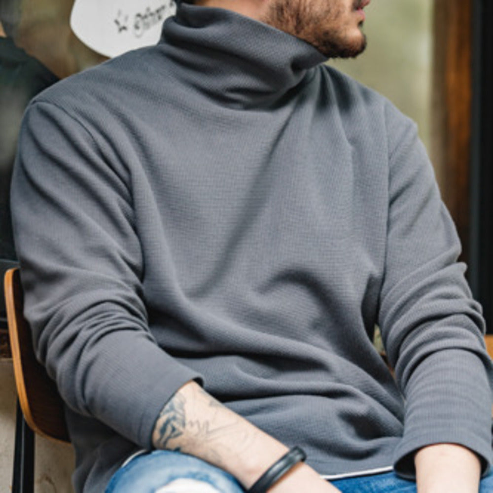 美式休閑灰色高領衛衣純色內搭打底衫長袖T恤